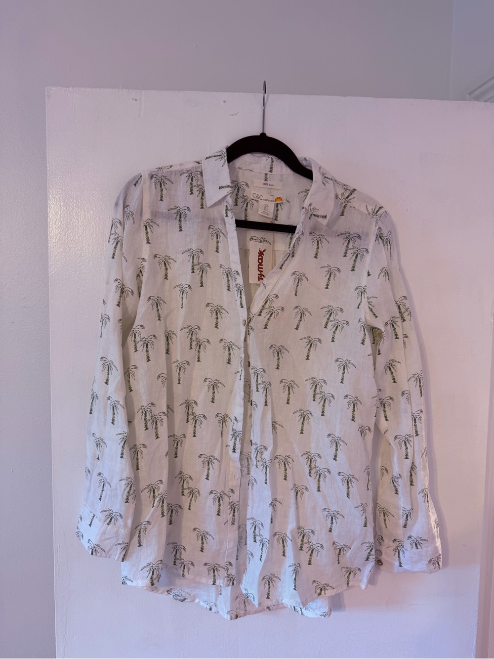 C&C California White Button-Down Shirt with Green Palm Print